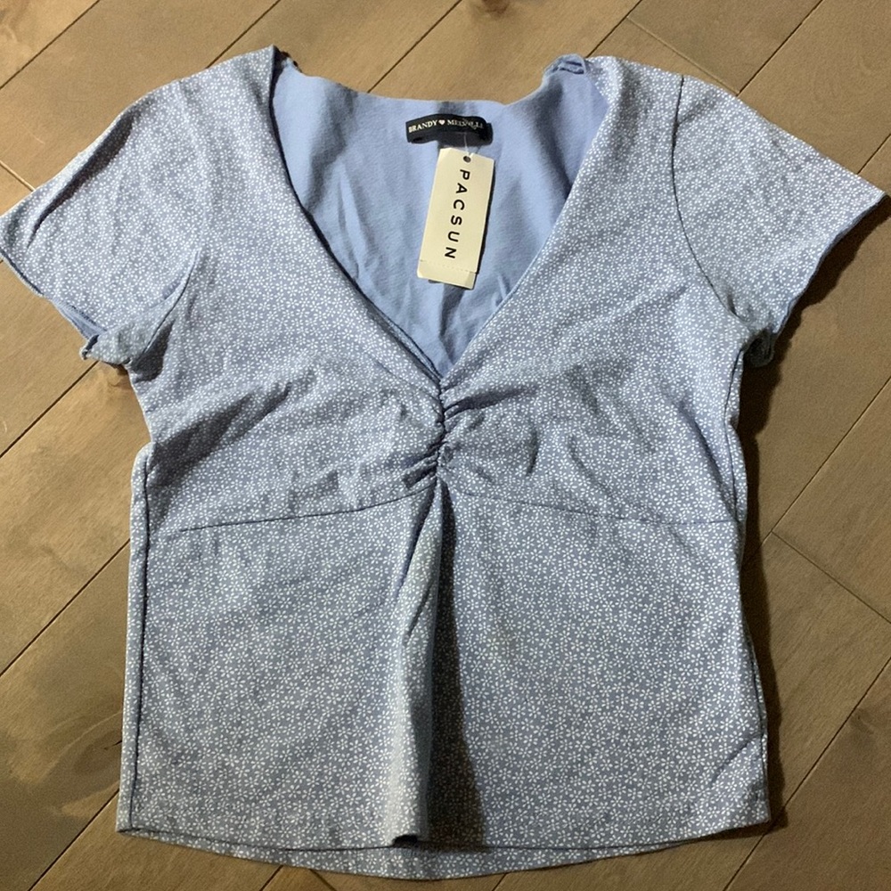 Brandy Melville Blue White Floral VNeck Gina Crop Top XS/Small